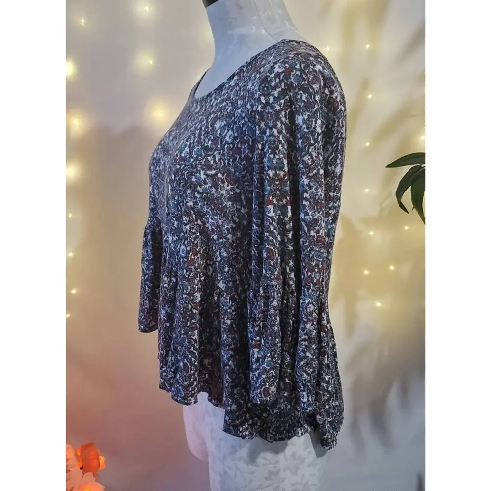 Free People Floral Linen Blend Cropped Babydoll Oversized Top Women's M
